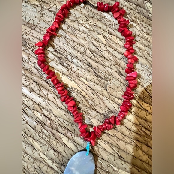 Red Coral Necklace with Abalone Pendant - Picture 5 of 6